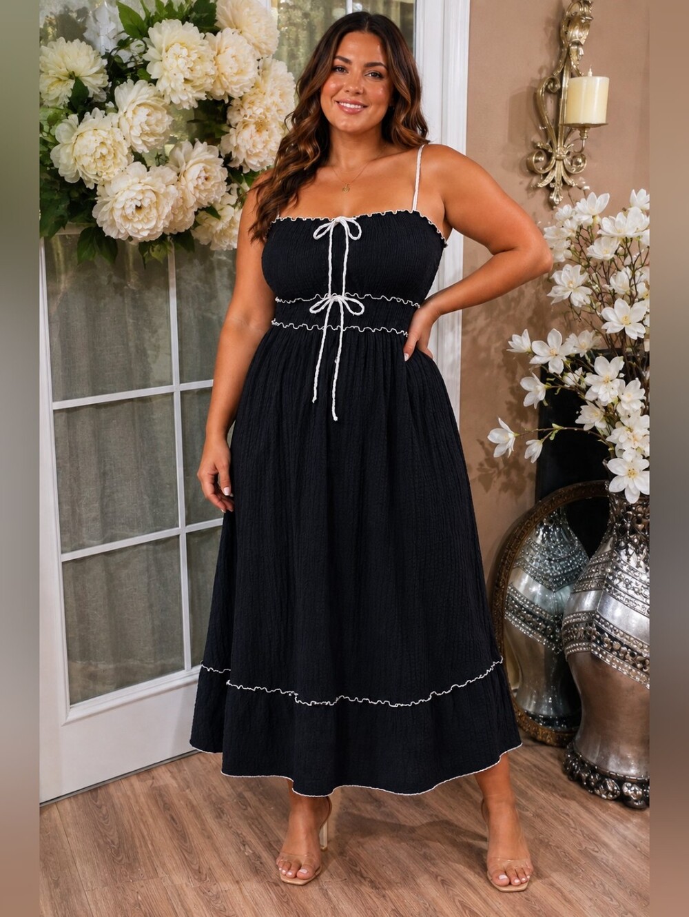 See You Monday Black Midi Dress with White Trim